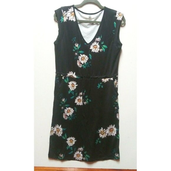 Womens Career Sheath dress Pixie Lady Black Floral Sz 8 drawstring waist STRETCH - Picture 1 of 8